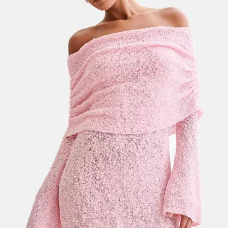 Spring Summer Knitted Boat Neck Dress